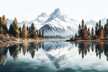 A serene mountain lake surrounded by pine trees with reflections of snow-capped peaks, isolated on solid white background. - Powered by Adobe