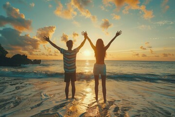 Hand in hand, the happy couple strolls along the shore, their laughter echoing like melodies in the salty air, as they find joy in the rhythm of the waves and the beauty of the beach surrounding them