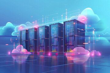 Illustrative image of computer servers on clouds representing cloud computing.Cloud Network Solution digital background. Cyber Security and Cloud Technology Concept. - obrazy, fototapety, plakaty