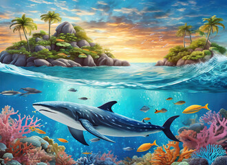 art Dolphin Coral Colorful Fish Under the Sea
