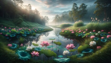 Enchanting Garden Pond with Colorful Lotus Blossoms
