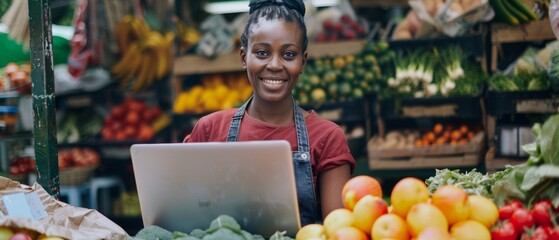 Black woman running a street vendor food stand selling fresh organic agricultural products. Farmer using laptop computer to manage business operations, online orders, and marketing.