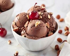 A bowl of chocolate ice cream with a cherry on top.