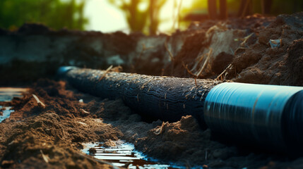 Metal pipe in trench, pipeline construction, oil and gas pipeline 