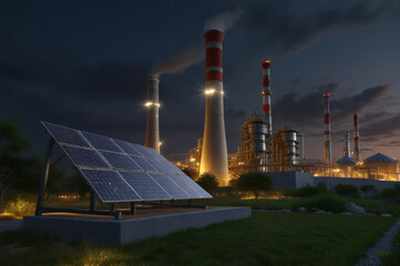 Modern power plant illuminated by bright lights at sunset with solar panels in the foreground.