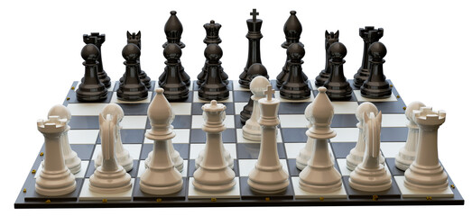 Chess pieces on the board in the starting position. Isolated. Transparent background. 3D Rendering.