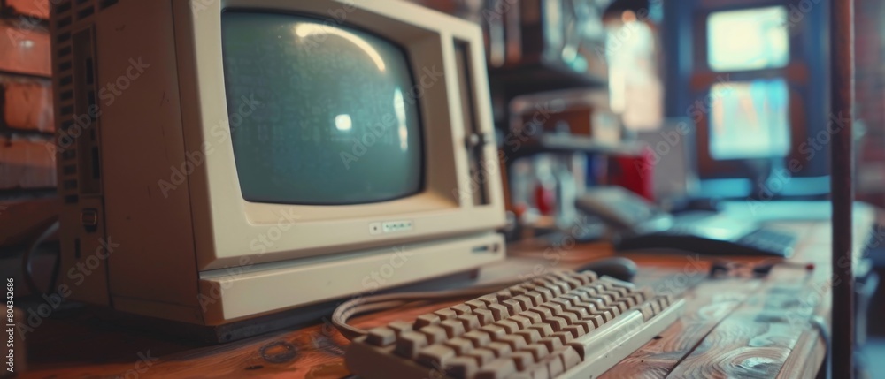Poster on the desk of a college student in a nineties retro garage, a desktop computer is logged on to an e