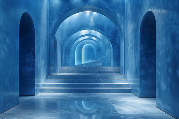 Tranquil blue backdrop accentuating elegant geometric elements, creating a sense of calm and sophistication.