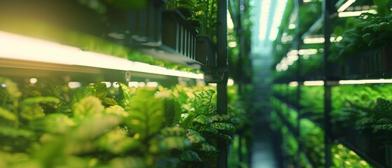 Modern Agriculture Technology with Sustainable and Efficient Use of Green Energy in a Vertical Farming Concept. Rack with Vertically Stacked Layers of Green Crops Growing in a Hydroponics System.