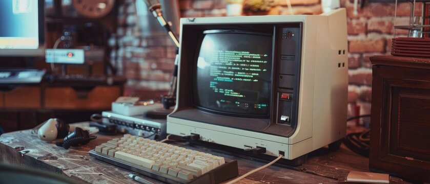 Closeup shot of an old desktop computer in a retro garage. The computer has the operating system terminal open, prompts running on screen, and code working properly.