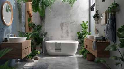 A simple, modern bathroom with a white sink and wood vanity. There are plants, accessories, a bathtub and shower, and white and blue walls. The floor is concrete.