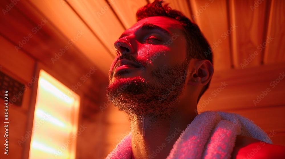 Poster a man with a towel around his neck signaling a postworkout session in an infrared sauna promoting lu