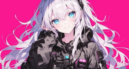 A cute anime girl with long white hair, wearing black and pink techwear, smiling slightly