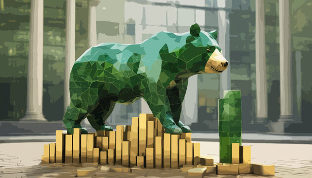 Ein gr&uuml;ner B&auml;r steht auf einem Graphen aus Gold. Fiskalpolitik hin zur gr&uuml;nen &Ouml;konomie. Vektor - Illustration.