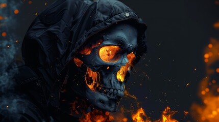 Vivid digital artwork of a skull with glowing orange eyes, surrounded by flames, set against a dark backdrop, encapsulated in a hoodie.