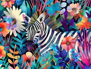 A zebra in the jungle surrounded by colorful flowers and birds, detailed patterns and textures, intricate details, vibrant colors, whimsical atmosphere