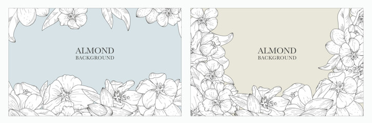 A vector collection of exquisite backgrounds, in a botanical style featuring blooming almond and nuts. Luxurious hand-drawn flowers. Suitable for wedding and event decorations, cards, prints, banners