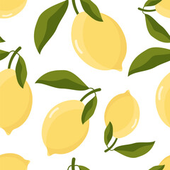 Tropical seamless background with yellow lemons. Citrus repeating pattern. Vector print.