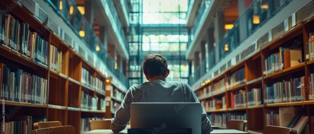 Poster a young man working on a university research project online using a laptop computer in a modern libr