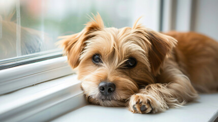 Cute funny dog lying on window sill