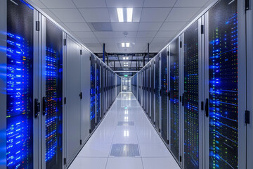Fototapeta premium Network servers standing in a row inside a data center.Computer server room.