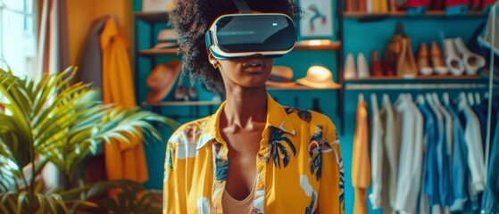 Mockup Internet Application with Brands showing a black woman using virtual augmented reality headset for online shopping.