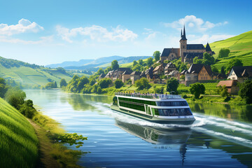 A serene river cruise passing through lush green countryside with quaint villages along the banks, isolated on solid white background.