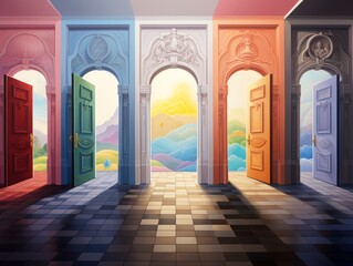 Five pastel-colored doors in a hallway. Each door leads to a different world.