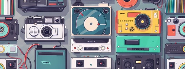 Obraz premium Retro-inspired illustrations of technology gadgets such as cameras, cassette tapes, or vinyl records.