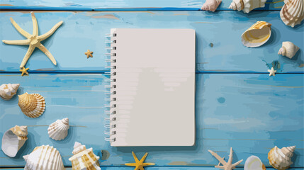 Fototapeta na wymiar Blank notebook with seashells and starfish on blue