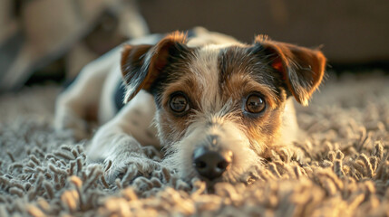 Cute funny dog on soft carpet at home