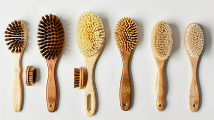 Different massage brushes on white background