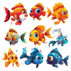 Naklejka premium A collection of cartoon fish with different colors and expressions
