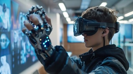 Student engineer using vr headset to control bionic limb in university technology education
