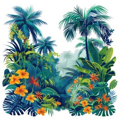 A lush tropical jungle with palm trees and flowers