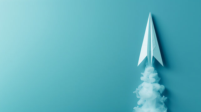 A paper airplane above clouds of smoke on a teal background, visualizing the concept of flight. Generative AI - Powered by Adobe