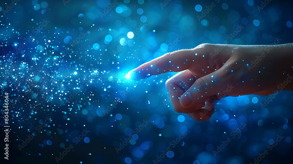 Poster A close-up of a human hand touching glowing particles, set against a bokeh style blue background, illustrating a concept of connection, Generative AI. Generative AI