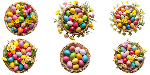 Happy easter colorful easter eggs in basket with spring flower