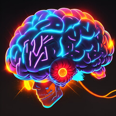 a drawing of floating brain with a blue and pink neon light on it