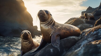 Golden Seal relaxing in sunshine on rocks - Aquatic life photography