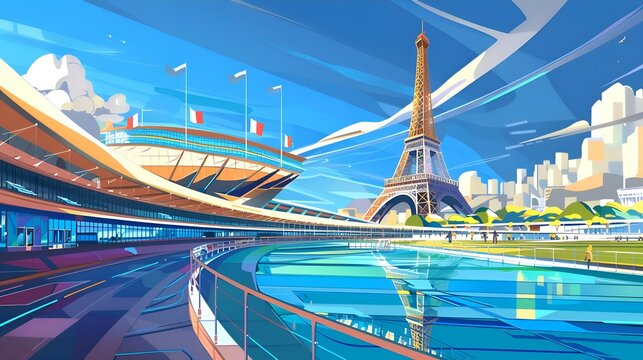 A sports stadium in the city of Paris with non-existent facilities during the Olympic Games, with a tower against a bright sky with colorful clouds