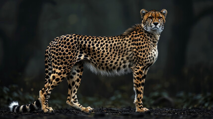 Fototapeta premium A captivating image of a cheetah in its natural habitat, showcasing the beauty and power of this magnificent creature against a dark nature background.