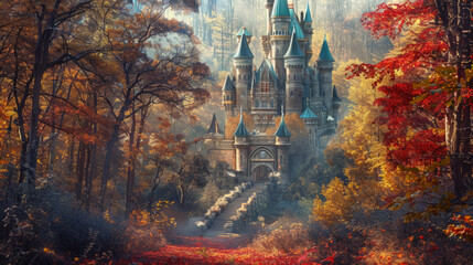 An enchanting fairy tale castle nestled amidst a vibrant forest, exuding vibrancy and magic.