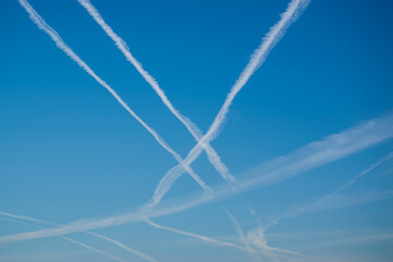 Airplane contrails in the sky