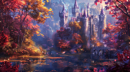A vibrant and enchanting fairy tale castle nestled in a magical forest, brought to life in a whimsical and colorful cartoon anime style.
