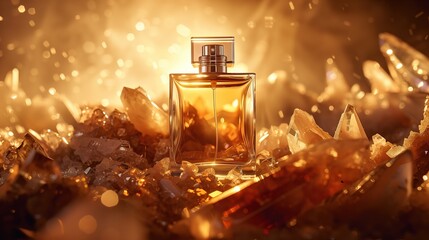 Stylish bottle with perfume against a background of icy soft amber crystals