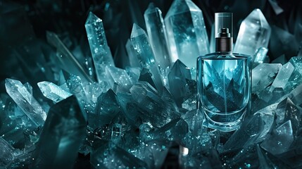 Stylish bottle with perfume against a background of icy dark aquamarin crystals