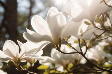 Closeup of white magnolia blossoms in full bloom, set against the backdrop of an ancient garden