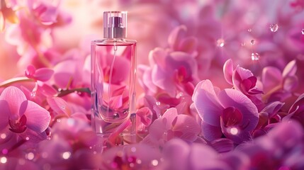 Stylish bottle with perfume on a background of orchid petals