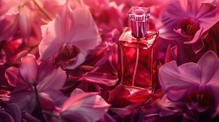 Stylish bottle with perfume on a background of orchid petals